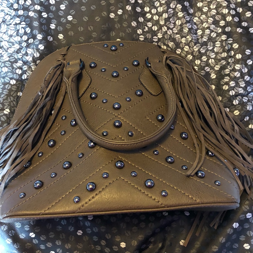 Brown Studded handbag with fringes